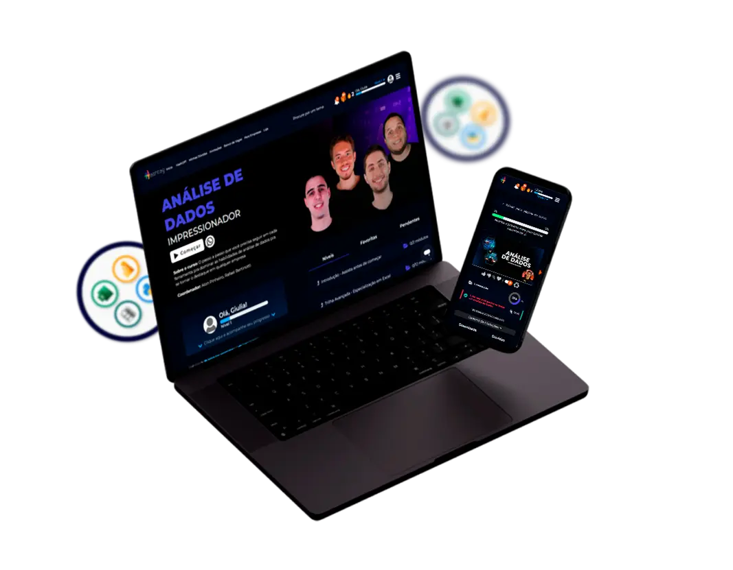 Notebook e celular com a plataforma da especialização em Análise de Dados e símbolo incluindo os ícones de Excel, Power BI, banco de dados e Python